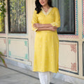Juniper Yellow Embroidered Viscose Kurta With Printed Cotton Pant