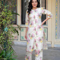 Juniper Ivory Floral Viscose Kurta With Printed Cotton Pant & Button Details