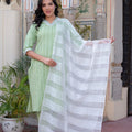 Juniper Sage Green Brocade Kurta-Pant & Dupatta Set With Sequins