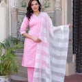 Juniper Pink Brocade Kurta-Pant & Dupatta Set With Sequins & Tassels