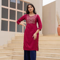 Juniper Maroon Solid Viscose Kurta With Sequins & Thread Work