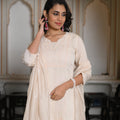 Juniper Peach Chanderi Kurta-Pant & Dupatta Set With Bead & Floral Thread Work