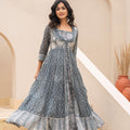Juniper Grey Anarkali Cotton Dress With Thread Work, Buttons, And Lace Detailing