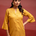 Juniper Mustard Polka Dot Viscose Tunic With Thread Work, Mirror & Button Detailing
