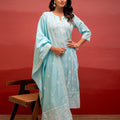 Juniper Sky Blue Solid Viscose Kurta, Pant & Dupatta Set With Thread Work, Beads & Sequence