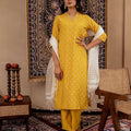 Juniper Mustard Solid Man Made Fiber Kurta, Pant & Dupatta Set With Thread Work