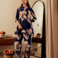 Juniper Navy Floral Printed Poly Tunic And Solid Pants Co-Ord Set With Button Detailing