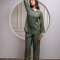 Juniper Fuchsia Green Solid Viscose Tunic And Pants Co-Ord Set With Zari Work And Button Detailing