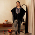 Juniper Black Solid Viscose Kaftan And Pants Co-Ord Set With Mirror And Thread Work