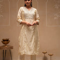 Juniper White Floral Viscose Kurta And Pants Set With Mirror And Thread Work