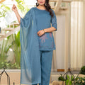 Juniper Blue Solid Man Made Fiber Kurta Pant Dupatta Set With Beads And Telesales Work