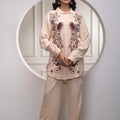 Juniper Viscose Linen Cream Maroon Embellished Shirt And Pant Co-Ord Set With Sequin & Bead Details