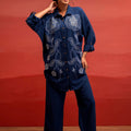 Juniper Viscose Linen Indigo Embroidered Shirt And Pant Co-Ord Set With Thread Work