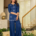 Juniper Navy Solid Viscose Tunic And Pants Co-Ord Set With Thread Work And Sequence