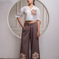 Juniper White & Brown Cotton-Viscose Embroidered Co-Ord Set With Thread Work & Lace