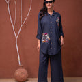 Juniper Viscose Linen Teal Embroidered Top And Pant Co-Ord Set With Thread Work