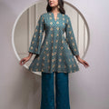 Juniper Teal Floral Printed Kurta & Solid Pants Set In 100% Viscose
