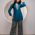 Juniper Viscose Teal Embroidered Kurta Pant Set With Zari & Mirror Work