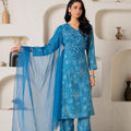 Juniper Blue Floral Embellished A-Line Kurta Pant And Dupatta Set With Beads & Sequence Work