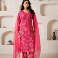 Juniper Fuchsia Floral Embellished A-Line Kurta Pant And Dupatta Set With Beads & Sequence Work