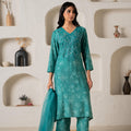 Juniper Green Floral Embellished A-Line Kurta Pant And Dupatta Set With Beads & Sequence Work