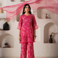 Juniper Pink Floral Embellished A-Line Kurta Pant And Dupatta Set With Beads & Sequence Work