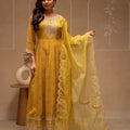 Juniper Yellow Floral Viscose Kurta, Pants And Dupatta Set With Mirror, Thread Work And Sequence