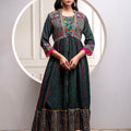Juniper Viscose Bottle Green Embroidered Long Dress And Shrug Set With Thread, Mirror Work & Beads
