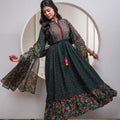 Juniper Bottle Green Floral Viscose Long Dress With Dupatta And Dori, Sequence & Lace Work