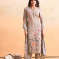 Juniper Beige Floral Embellished A-Line Kurta Pant And Dupatta Set With Beads & Sequence Work