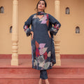 Juniper Navy Man Made Fiber Floral Printed Kurta With Pants & Dupatta Set With Sequence Work