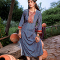 Juniper Teal Ethnic Motif Embroidered A-Line Kurta With Zari & Mirror Work