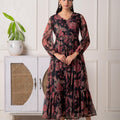 Juniper Floral Printed Black Dress With Sheer Sleeves & Beaded Waist Detailing