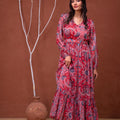Juniper Floral Printed Red Dress With Sheer Sleeves & Beaded Waist Detailing