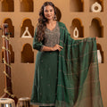 Juniper Bottle Green Viscose Straight Kurta With Pants & Dupatta Set With Zari & Sequence Work