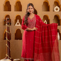 Juniper Red Viscose Straight Kurta With Pants & Dupatta Set With Zari & Sequence Work