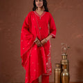 Juniper Red Anarkali Kurta Set With Embroidery And Scallop Hemline