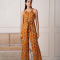 Juniper Mustard Printed Abstract Viscose Jumpsuit With Belt