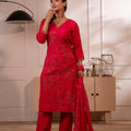Juniper Fuchsia Solid Embroidered Straight Kurta Pant And Dupatta Set With Thread Work
