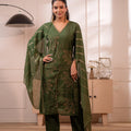 Juniper Green Solid Embroidered Straight Kurta Pant And Dupatta Set With Thread Work