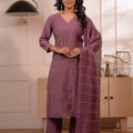 Juniper Plum Solid Embroidered Straight Kurta Pant And Dupatta Set With Thread Work