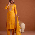 Juniper Mustard Poly Viscose Straight Kurta Pant And Dupatta Set With Thread & Sequence Work