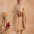 Juniper Beige Poly Viscose Straight Kurta Pant And Dupatta Set With Zari, Thread & Sequence Work