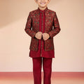 Boy's Maroon Viscose Jacquard Indo-Western Set