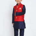 Vastramay Boys Maroon Silk Blend Nehru Jacket With Navy Blue Kurta And Pyjama Set