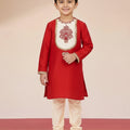Boy's Red Viscose Kurta with Cream Pyjama
