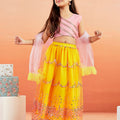 Girl's' Pink Crop Top And Yellow Net Lehenga With Ruffled Dupatta Set