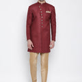 VASTRAMAY Men's Maroon Silk Blend Sherwani Set