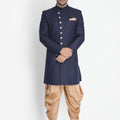 VASTRAMAY Men's Dark Blue Silk Blend Sherwani Set