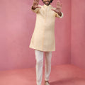 Men's Beige Jacquard Indo-Western Kurta with Cream Trousers